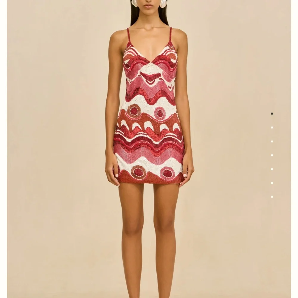 CULT GAIA Sasha Beaded Multi Wave Print Mini Dress Pink Red NWT Small - Picture 5 of 14